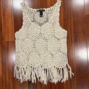 INC International Concepts Beige Crochet Top Sleeveless Fringe Hem Festival Sz S